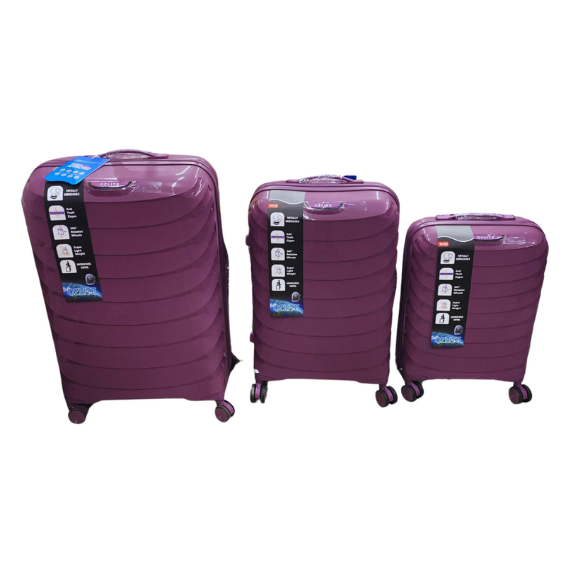 Purple PP rectangle suitcase set of three hard case travel suitcases displayed together