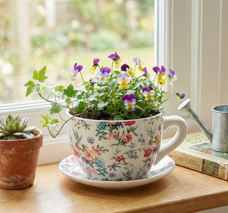 Floral teacup with potted flowers on a windowsill