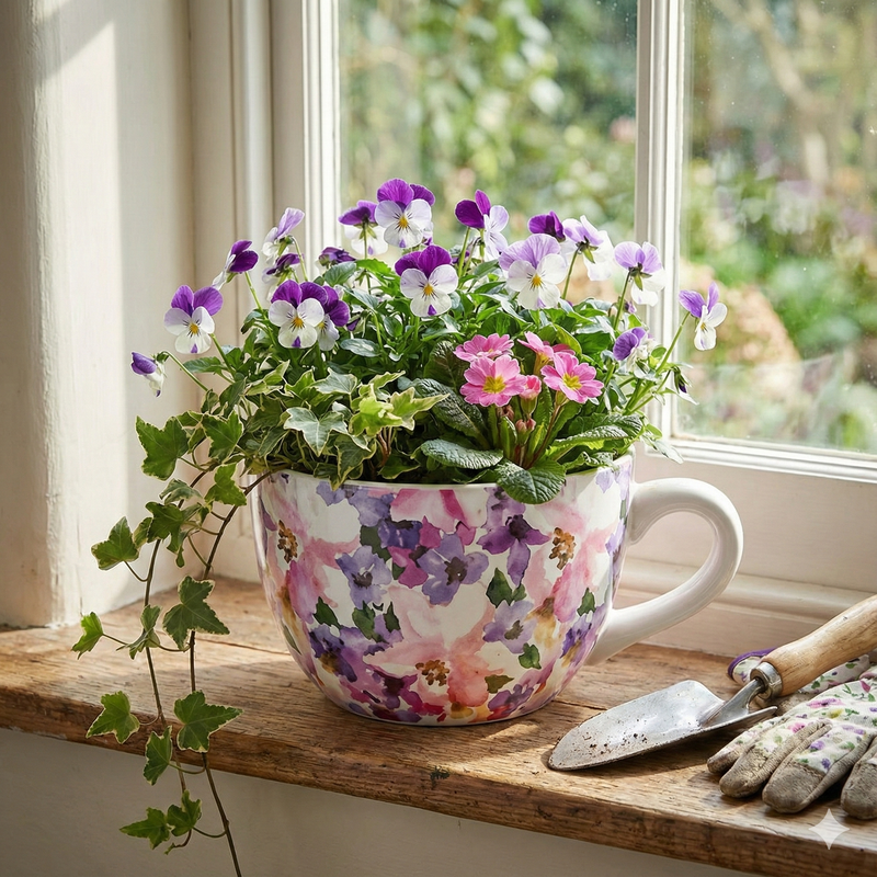 Decorative mug with flowers on a windowsill next to gardening tools