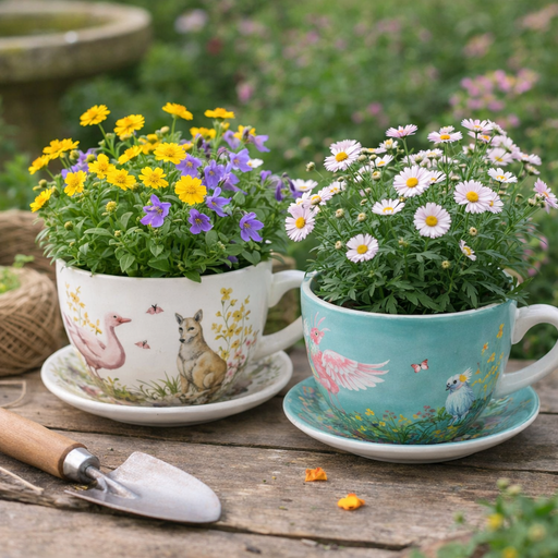 Two teacups repurposed as planters with flowers on a wooden surface.