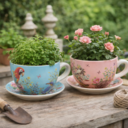 Two teacups repurposed as planters with flowers and plants on a wooden surface. – thumbnail