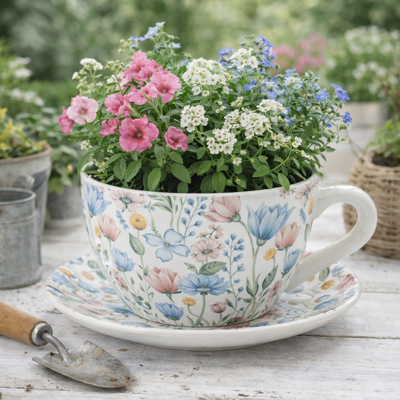 Floral teacup with plants on a wooden surface