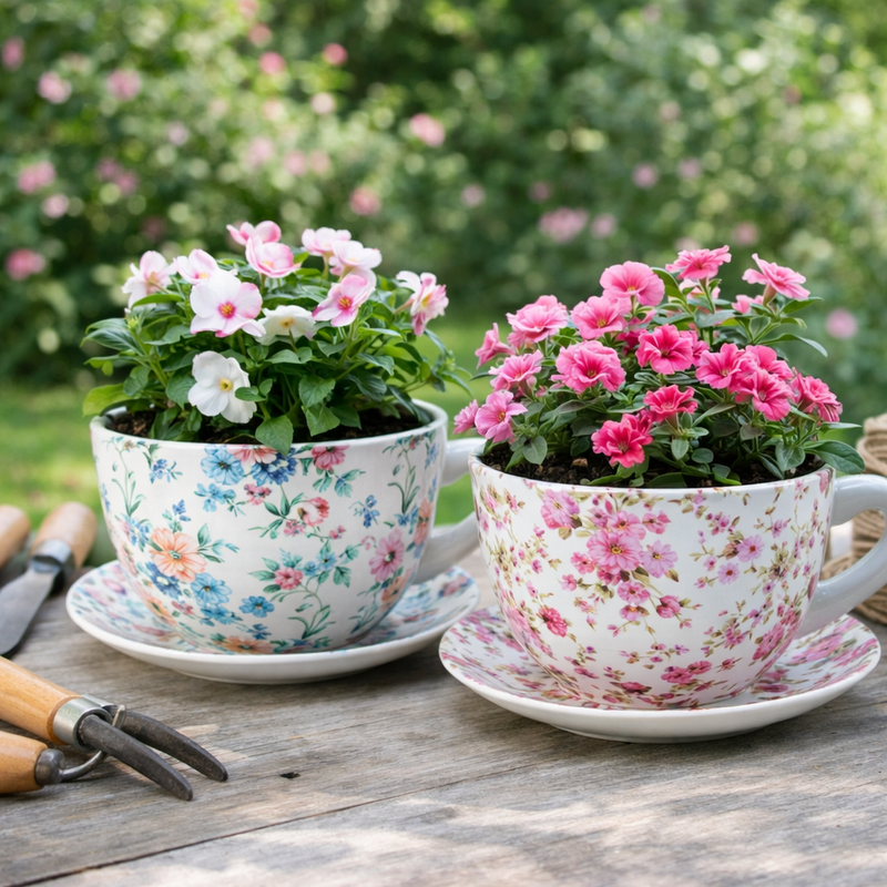Two floral teacups repurposed as planters with flowers on a wooden surface.