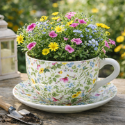 Floral teacup planter with colorful flowers on a wooden surface – thumbnail