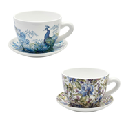 Two teacups with floral and peacock designs on a white background – thumbnail