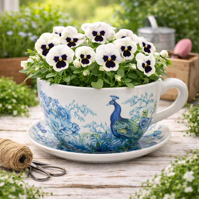 Decorative teacup with peacock design filled with white flowers on a wooden surface.