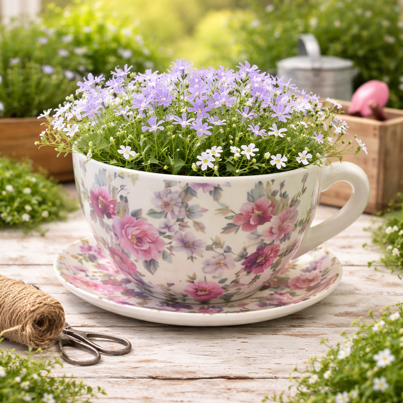 Floral teacup with plants on a wooden surface outdoors