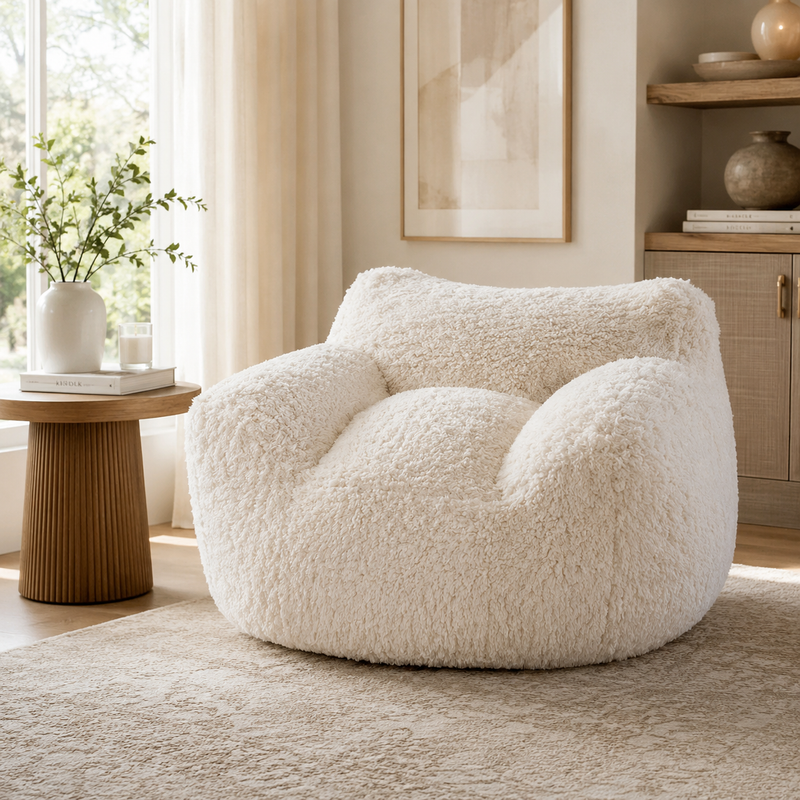 Off-white teddy fabric expanding lounge chair measuring 104x96cm