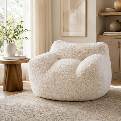Off-white teddy fabric expanding lounge chair measuring 104x96cm