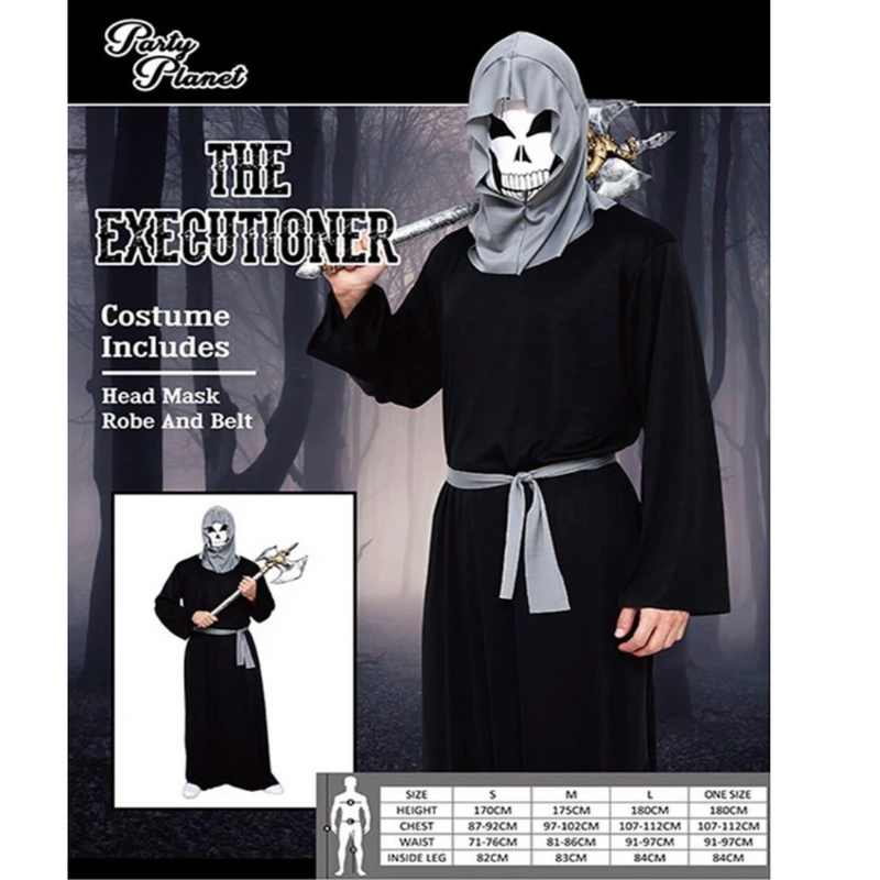 The Executioner Adult Costume with black hooded robe and menacing details, one size fits most