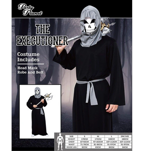 The Executioner Adult Costume with black hooded robe and menacing details, one size fits most