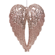 Acrylic angel wing tree ornament with delicate pink and champagne glitter detailing, measuring 10.5x14cm.