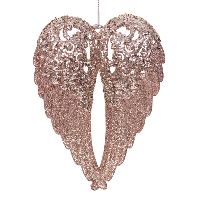 Acrylic angel wing tree ornament with delicate pink and champagne glitter detailing, measuring 10.5x14cm.