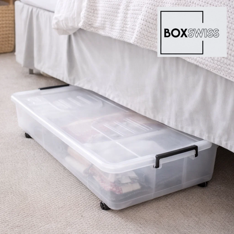 Heavy duty 35L under bed storage box with wheels and black handle for easy roll-out shoe and linen storage
