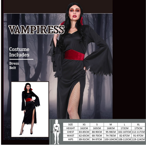 Girls Vampiress Dress costume with elegant red and black gothic design.
