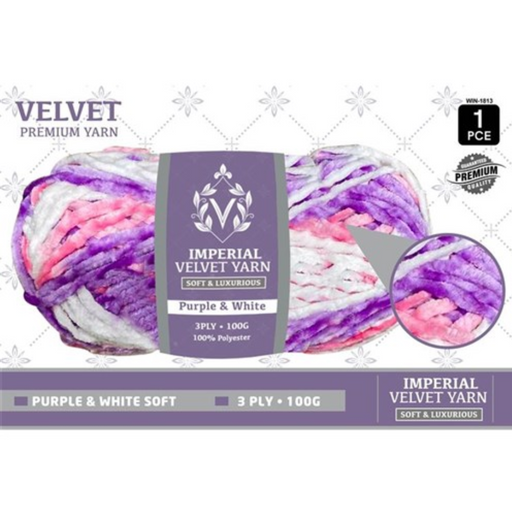 Velvet Yarn 3Ply 100g Purple and White