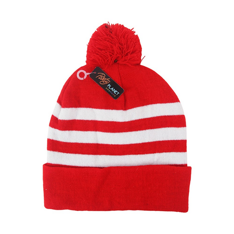 Where’s Wally Red and White Striped Beanie with Pom-Pom 