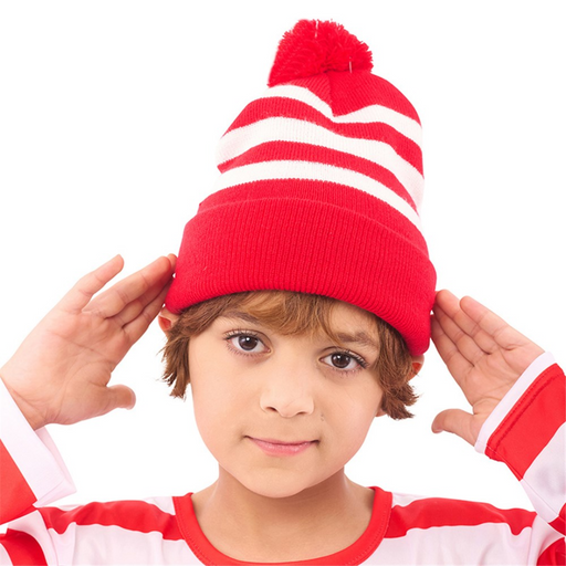 Where’s Wally Red and White Striped Beanie with Pom-Pom – Costume Hat