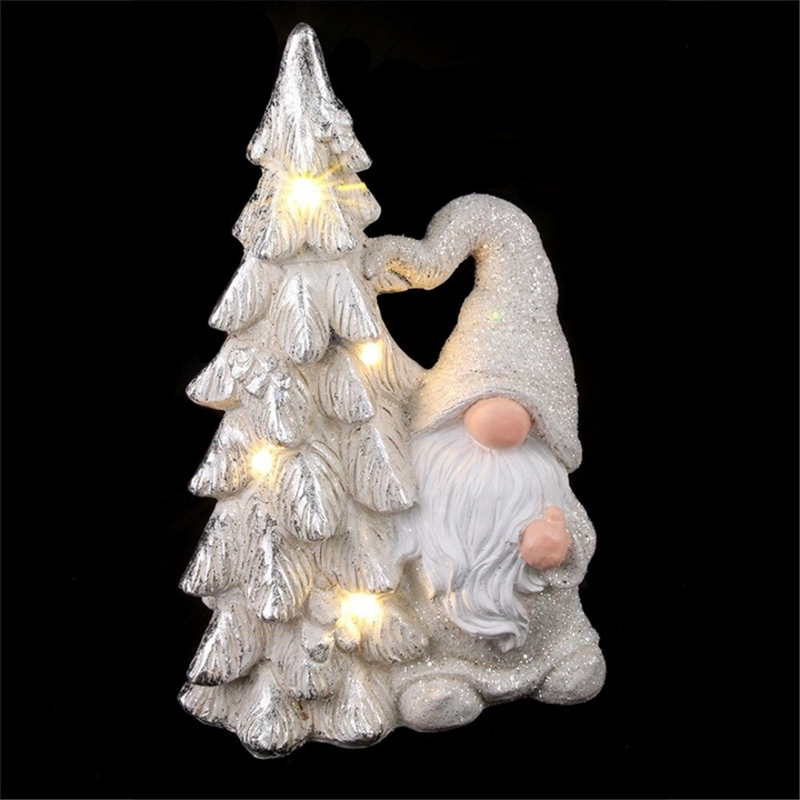 White Magenta Gnome W/Tree & Lights 26.5x14.5x42.5cm