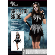 Woman Skeleton Bride Costume on  skeleton-print dress, skull headband with veil, and matching wrist bands.