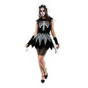 Woman Skeleton Bride Costume on  skeleton-print dress, skull headband with veil, and matching wrist bands.