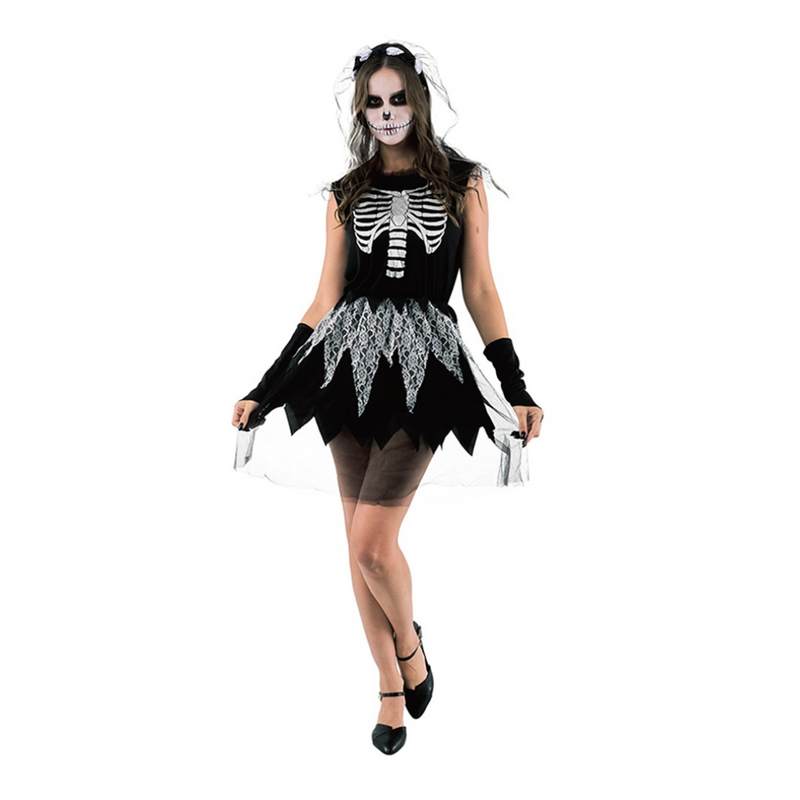 Woman Skeleton Bride Costume on  skeleton-print dress, skull headband with veil, and matching wrist bands.