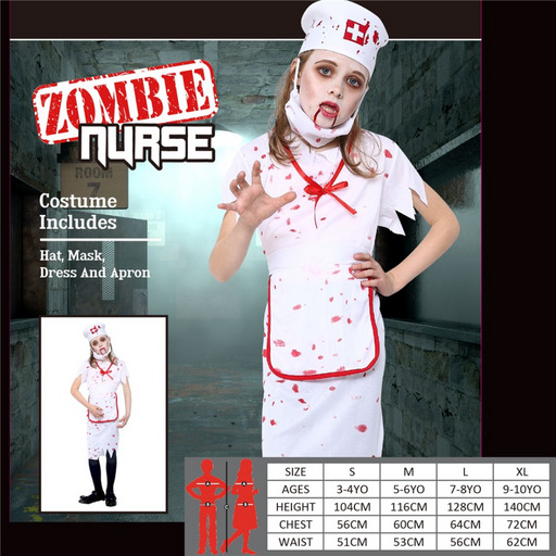 Girls Zombie Nurse Costume with blood-stained nurse dress in two assorted sizes