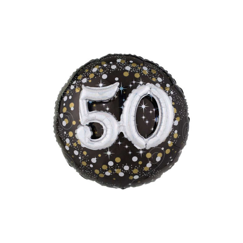 A round, multicolored sparkling balloon with the number 50 written on it, adorned with small silver and gold stars and dots.