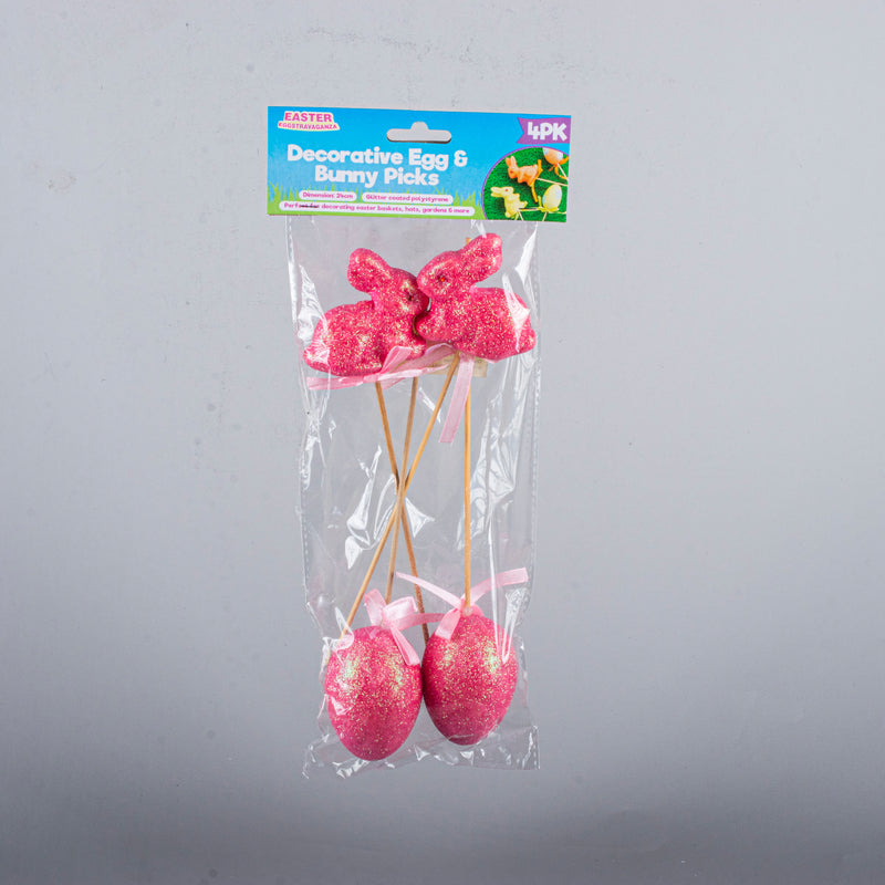 Polystyrene Egg & Bunny On Pick With Glitter 4pk
