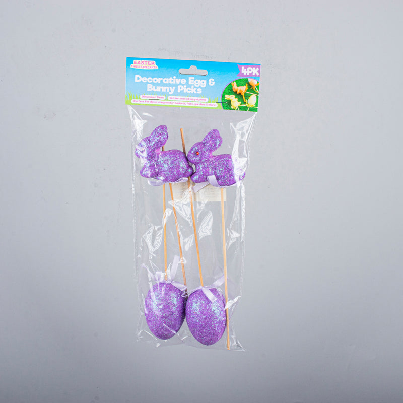 Polystyrene Egg & Bunny On Pick With Glitter 4pk