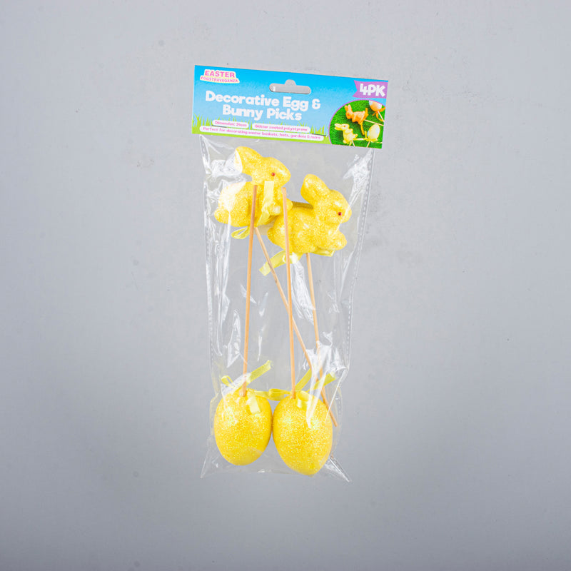 Polystyrene Egg & Bunny On Pick With Glitter 4pk