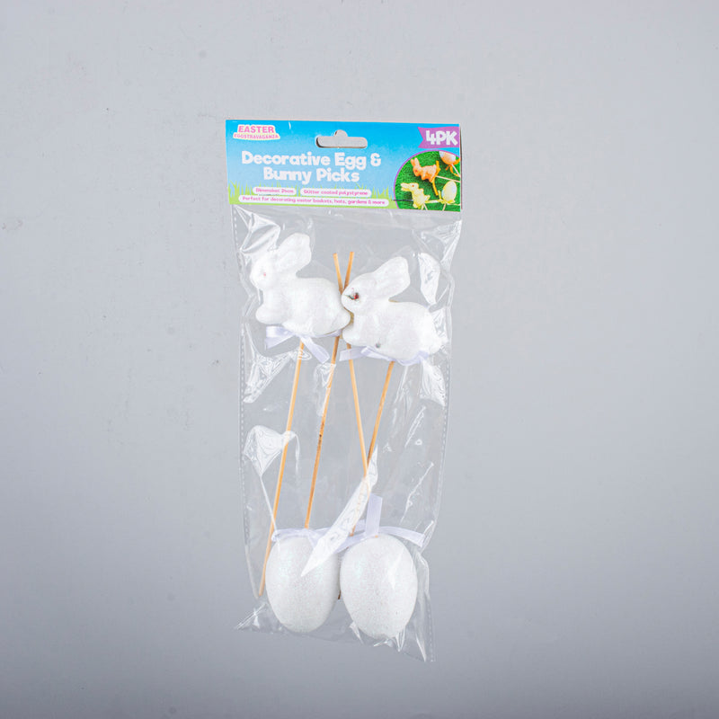 Polystyrene Egg & Bunny On Pick With Glitter 4pk