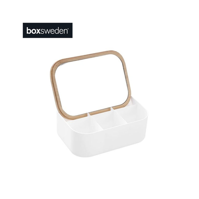BANO ORGANISER BOX W/MIRROR BAMBOO TOP 6 SECT RECT