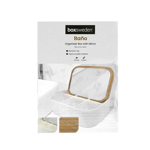 BANO ORGANISER BOX W/MIRROR BAMBOO TOP 6 SECT RECT
