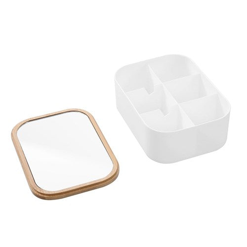 BANO ORGANISER BOX W/MIRROR BAMBOO TOP 6 SECT RECT