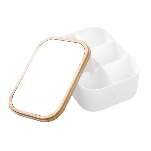 BANO ORGANISER BOX W/MIRROR BAMBOO TOP 6 SECT RECT