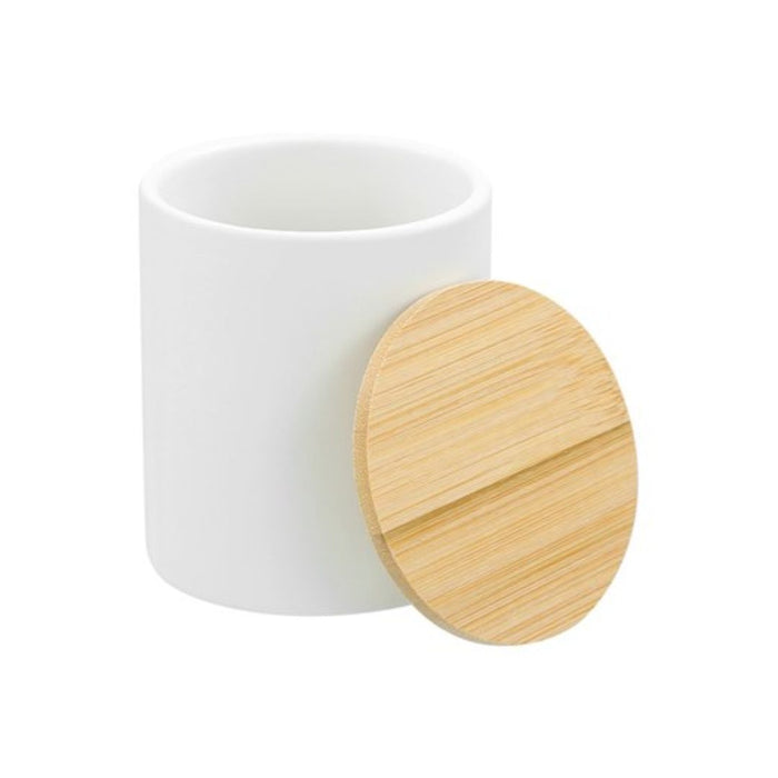Bano Ceramic Bathroom Cup Bamboo Lid White 8x8x10cm