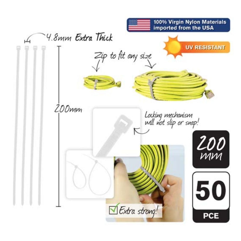 50pce Cable Ties-4.8x200mm-White