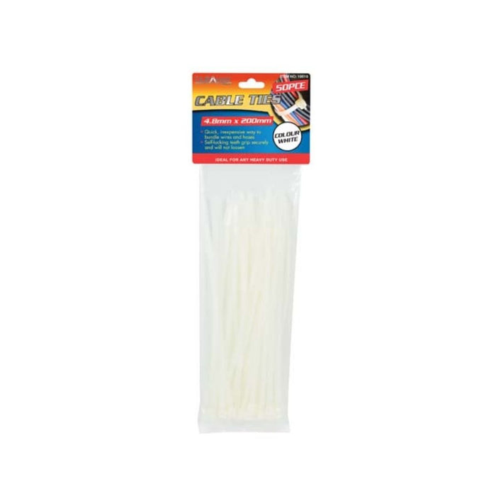 50pce Cable Ties-4.8x200mm-White
