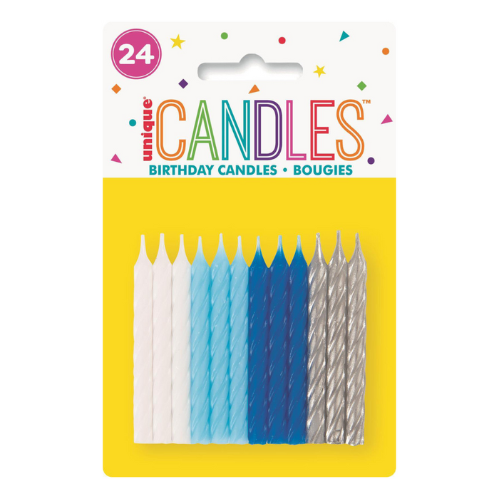 24 Sprial Candles Blue White Silver