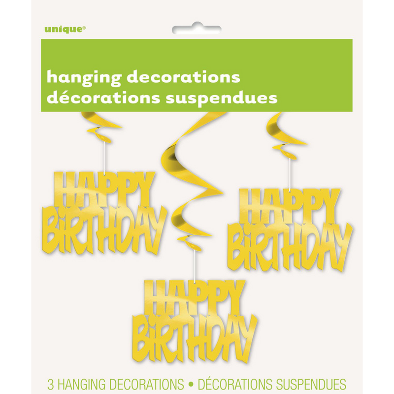 Happy Bday Foil Hanging Swirl Deco Gold 3pk