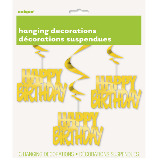 Happy Bday Foil Hanging Swirl Deco Gold 3pk