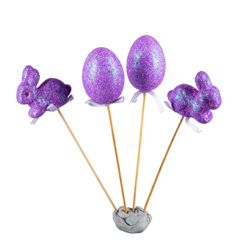 Polystyrene Egg & Bunny On Pick With Glitter 4pk