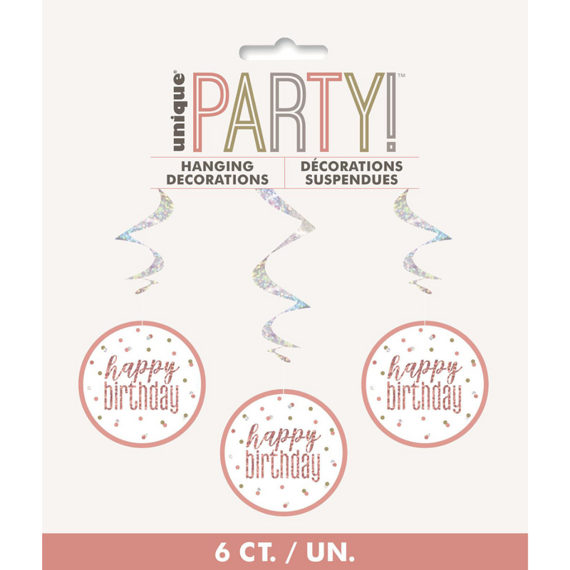 Hanging Swirl Deco Happy Bday Rose Gold 81cm 6pk