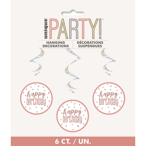 Hanging Swirl Deco Happy Bday Rose Gold 81cm 6pk