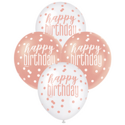 Happy Bday Latex Balloons Rose Gold & White 6x30cm