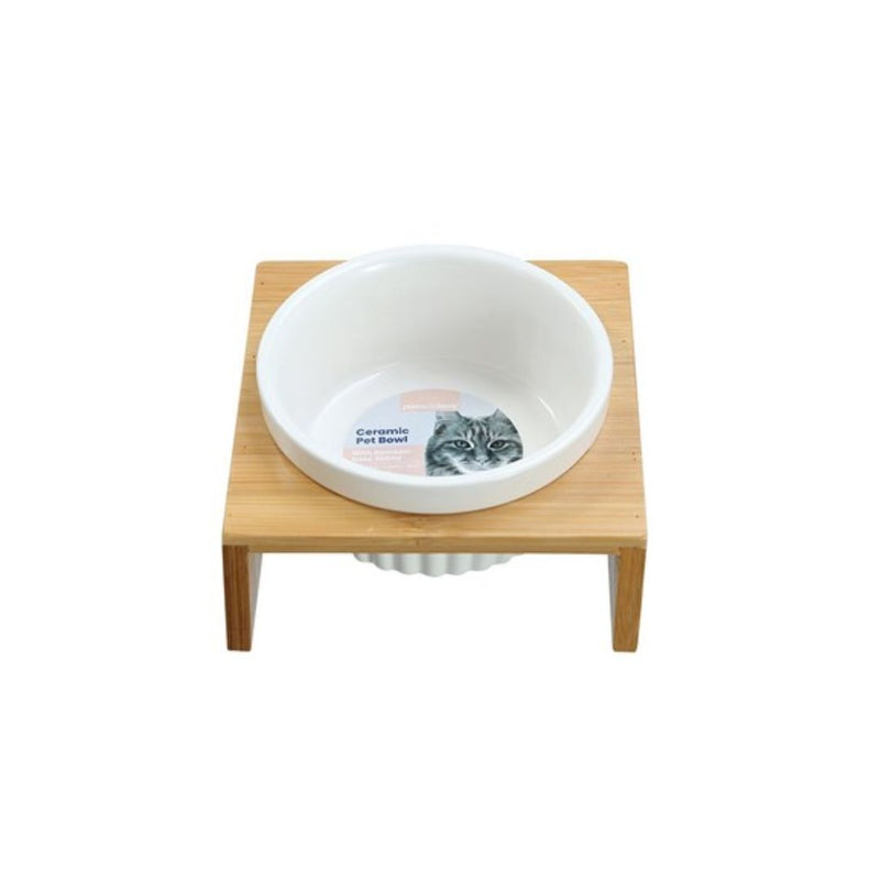 CERAMIC PET CAT BOWL BAMBOO BASE