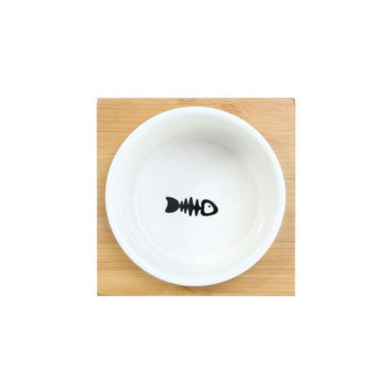 CERAMIC PET CAT BOWL BAMBOO BASE