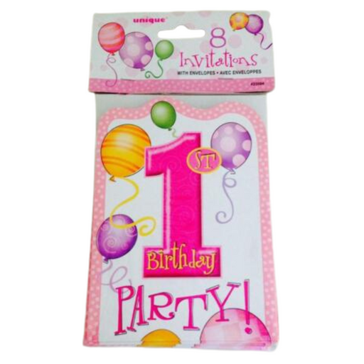 1st Bday Balloons Girl Invitations 8pk
