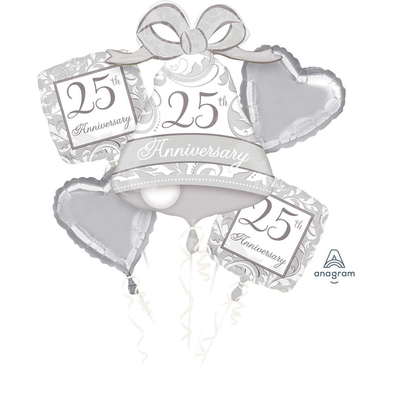 Foil Balloon Bouquet Silver Scroll 25th Anniversary P75 5pk